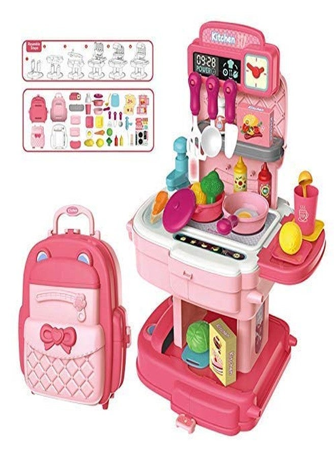 OANGO 34 Piece School Bag Packing Pretend Play Cooking Game Modern Children Kitchen Set Toy for Kids Girls (Kitchen Playset) (Chef Kitchen Pink) - Image 1